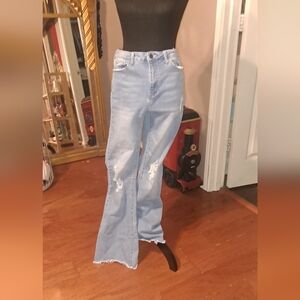 Sky Blue Flare Jeans with Distressed Details